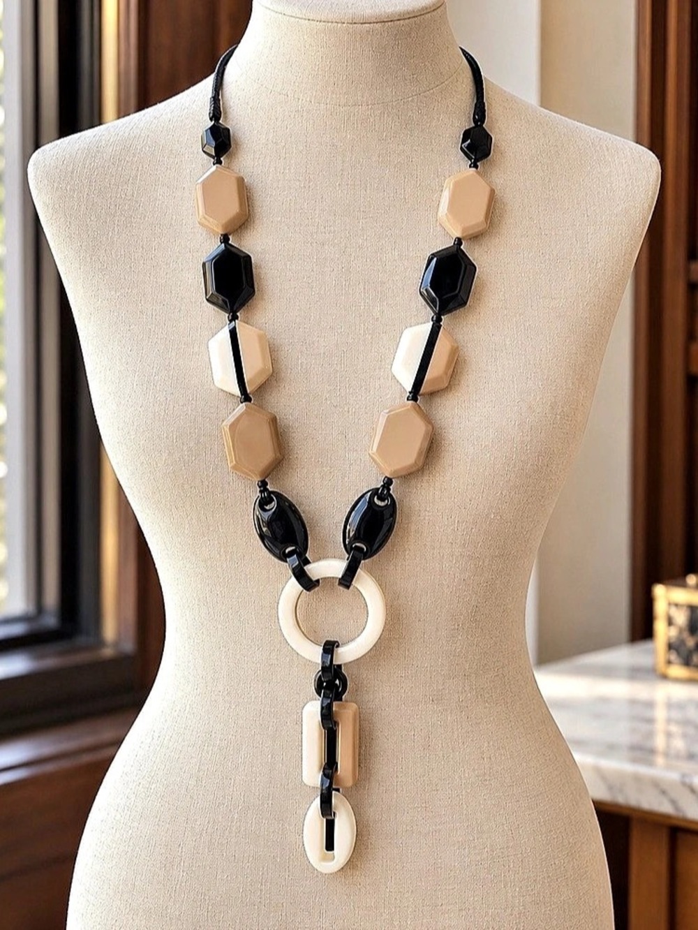 Chico's Black & White Statement Necklace extra Long 44”
